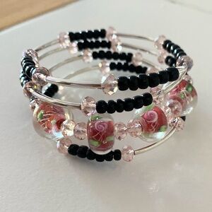 Hand Crafted Pink Floral Murano Glass & Black Bead Coil Bracelet